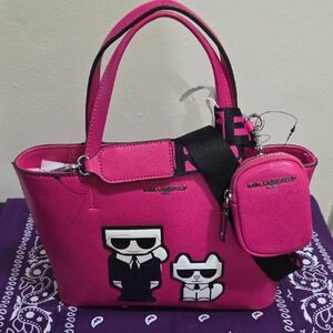 Karl Lagerfeld Hot Pink Tote with Character Patches and Detachable Pouch